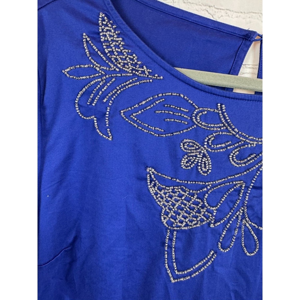 CHICO'S royal blue cotton stretch beaded top blouse tunic size 2 12 L - Picture 2 of 9